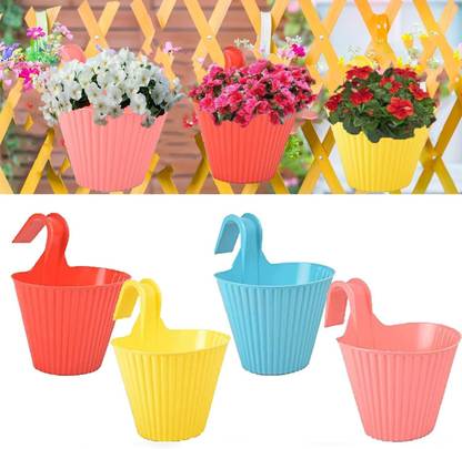 TechBlaze Plastic Vertical Hook Hanging Planters Balcony Hanging Flower Pots Gamla Combo Elegant Design Hangers Pots for Flowers Small Plants for Balcony Office Home Decor (30 X 22 X15 cm) (Pack of 4) Plant Container Set