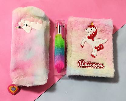Preili's Unicorn Diary Notebook with Fur Pouch and Pen combo A5 Diary Ruled 200 Pages