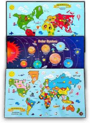 YDV CRAFT WOODEN COMBO SET OF 3 WORLD MAP CONTINENT MAP AND SOLAR SYSTEM PUZZLE