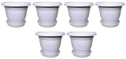 Chhaya Beautiful Indoor & Outdoor Round Pot with bottom tray | Color White | 8 inches Plant Container Set