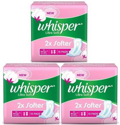 Whisper Ultra Soft 2X Softer, XL - 15+15+15 Napkins Sanitary Pad