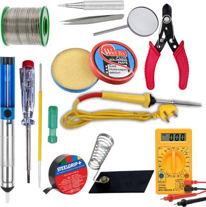 Gilhot 25W Soldering Iron, Solder Wire, Iron Stand, Cutter, Paste Flux,Tweezer, Pump, Tester, Bit,Magnifying Glass, Tape, Screw Driver, Multimeter Combo 25 W Simple