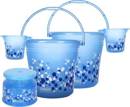 RATAN Frosty Bubble Print Pack of 5 Bathroom Set (Bucket x 2, Mug x 2, Stool x 1) 20 L Plastic Bucket