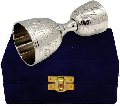Akanksha Arts Brass Engraved Peg Measure Cup with Decorative Box, 30 ml / 60 ml, Silver Finish Glass Shot Glass