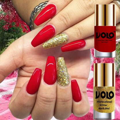Volo Gloss Shine Blood Red Nail Polish Glitter High Shine Golden Nail Paint Blood Red, Golden Glitter