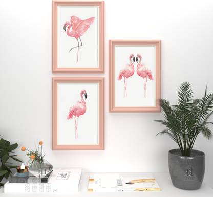 Set of 3 Flamingo Bird Pink Framed Art Prints for Wall Décor 3D Poster