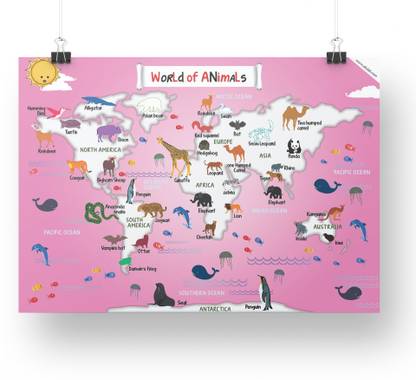 Cute World Map with Animals - Size A3 - 11.7 X 16.5 inches Paper Print