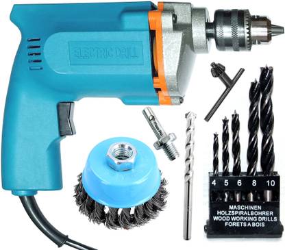 Mass Pro 10mm Drill Machine With 1 Masonary + 5Pc HSS Woodworking Bits & 1 Wire Cup Brush Power & Hand Tool Kit