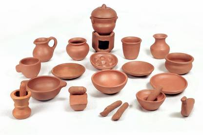 Paarambarya 25 pcs Miniature Clay Kitchen Set / Real Cooking Set