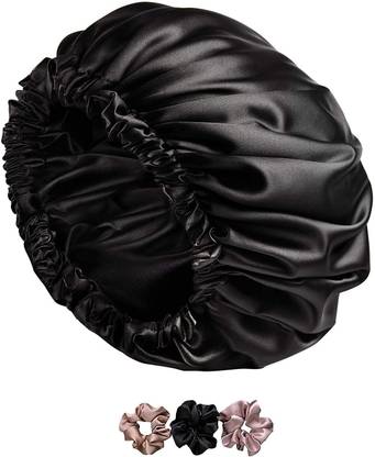 Wesofy Satin Silk Hair Bonnet cap with 3 Primium Silk Satin Scrunchies Black