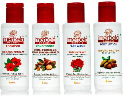 Imerbela Organic Combo Pack Tester Shampoo of Hibiscus Extract , Rose Face Wash, Keratin Hair Conditioner & Almond Body Lotion-30ml Each