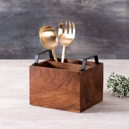 nestroots Spoon stand with serving spoon set combo for kitchen dining table(7x7 x5.5 inch) Wooden, Iron Cutlery Set