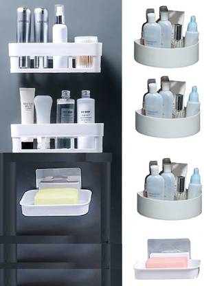 Qrex Self-Adhesive Bathroom Shelf Triangle Corner Waterproof Soap Box Stand Plastic Bathroom Set