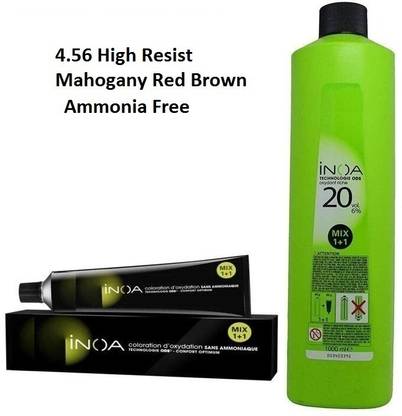 INOA Color No 4.56 High Resist Mahogany Red Brown 60 GM + Developer 20Vol 1000 ML , Color No 4.56 High Resist Mahogany Red Brown 60 GM + Developer 20Vol 1000 ML