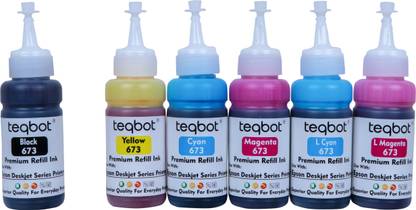 Teqbot Ink for Use In Epson L800/ L805/ L810/ L850/ L1800 (C/M/Y/BK/LC/LM) - 70g x 6) Black + Tri Color Combo Pack Ink Bottle