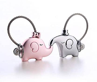BSN Fantastic One Pair Kiss Elephant Couple Keychain - Silver & Pink Key Chain