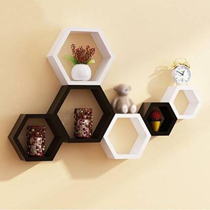Furniture Cafe Hexagon Wall Shelves Wooden Shelf Home Decor Items Rack for Living Room, Bedroom MDF (Medium Density Fiber) Wall Shelf