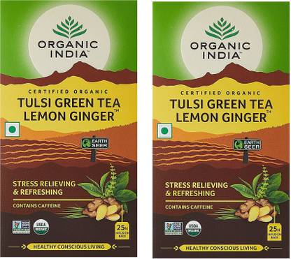 ORGANIC INDIA Tulsi Green Lemon, Ginger Tea Bags Box