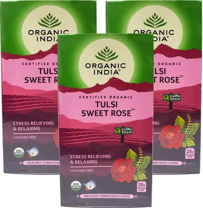 ORGANIC INDIA Tulsi Sweet Rose 25 Tea Bags- (Pack Of 3) Tulsi, Rose Green Tea Bags Box