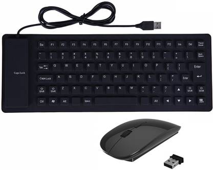 ROQ Silicone Rubber Waterproof Flexible Wired USB With Slim Wireless Mouse Wired USB Laptop-size Multi-device Keyboard Compatible with Desktop, Laptop, Tablet, iPad, Mac