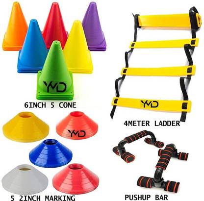 YMD 6 Inch Cones Pack 5, 5 Space Markers, 4 Meter Ladder Agility and Pushup Bar Football Kit