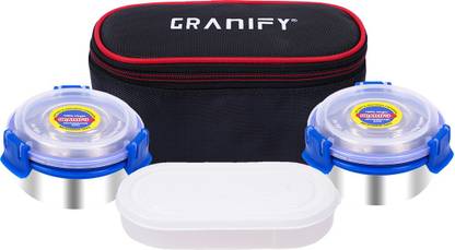 Granify Lunch Box with 2 lock n lock Stainless Steel Containers & Chapati Tray (D-1256) 2 Containers Lunch Box