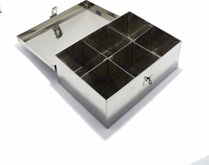 GINOSET SS Spice Box, 6 Compartment, Masala Dabba Utility Container,W-10", H-3", L-7" Storage Box