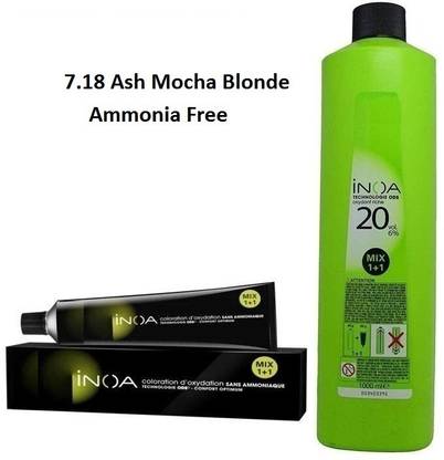 INOA Hair Color No. 7.18 Ash Mocha Blonde 60g + 20Vol 6% Developer 1000Ml , Hair Color No. 7.18 Ash Mocha Blonde