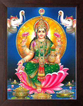 Artisan Cart Mata Laxmi Showering Money with Pair of Elephant, HD Printed Picture with Frame. Digital Reprint 9 inch x 7 inch Painting