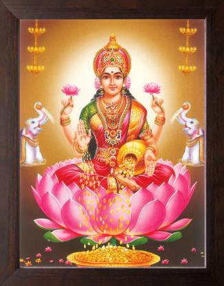 Artisan Cart Goddess of Wealth, Maa Laxmi Showering Money, HD Printed Picture with Frame. Digital Reprint 9 inch x 7 inch Painting
