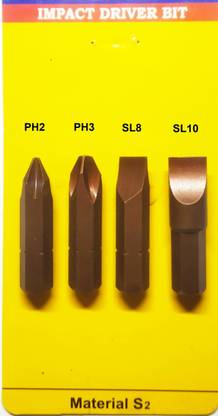 TOM Hardened and Tempered 4 Impact Driver Bit Set ( PH2, PH3, SL8, SL10 ) Impact Screwdriver Set