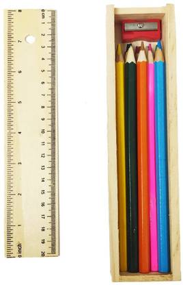 V India Wooden Pencil Box with 12 Color Pencils & Wooden Rule