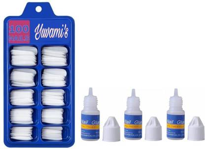Yuvami's 100 Artificial Fake Nails WIth 3 Nail Glue (Pack of 100) (off White) off white