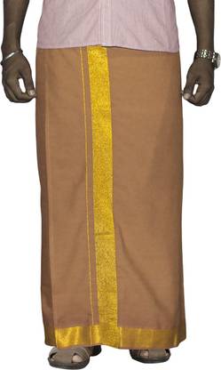 Prakasam Cotton Premium quality Single (1.28X2.00mtrs) Light Kaavi Colour with 2inch Golden Jari Solid Men Dhoti