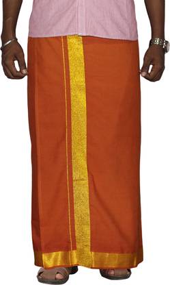 Prakasam Cotton Premium quality Single (1.28X2.00mtrs) Dark Kaavi Colour with 2inch Golden Jari Solid Men Dhoti