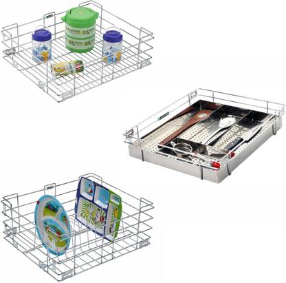 SMART SLIDE Utensil Kitchen Rack Steel Modular Kitchen Basket (15X20 Inch - Set of 3) Kitchen Accessories