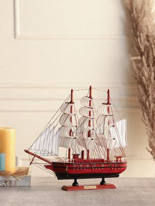 Exim Decor Wooden 12 inches Red with Rails Sailing Ship Showpiece Decorative Showpiece  -  30.5 cm