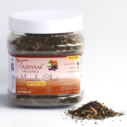 Tassyam Strong Masala Tea 350g Jar | NEW & IMPROVED Hand Crushed Spices + Gold Blend CTC Chai With No Artificial Flavours Spices Masala Tea Plastic Bottle