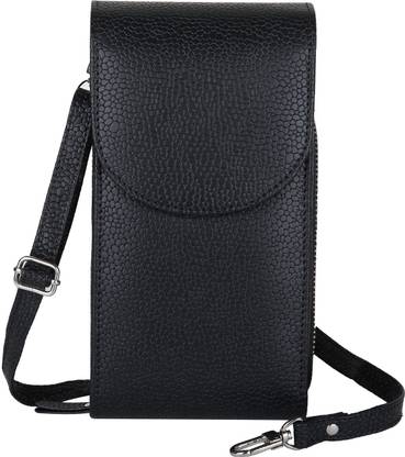 Essart Essart Faux Leather dotted print Travel Sling pouch 17cm x 10cm x 3cm with magnetic closure with long adjusble string - AA-2118-Black