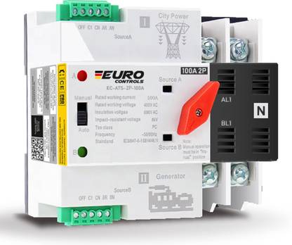 Euro Controls ATS 2 POLE 100A Auto Transfer Switch Dual Source - Ultra Fast switching - Control signal - Wide Wire Connector