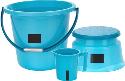 N H Enterprise New Standard Plastic Plain Design Bucket (16 L) & Stool & Mug (1 L) ( Blue ) 16 L Plastic Bucket