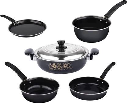 ATEVON 5-Piece Nonstick Cookware Set- Includes Kadai with Lid, Tadka,Frying Pan, Tawa Induction Bottom Non-Stick Coated Cookware Set