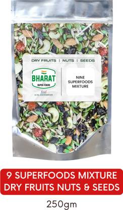 Bharat Super Foods Premium Dry Fruits, Nuts & Seeds Super Healthy 9 in 1 Mix - 100% Natural 250gm Assorted Seeds & Nuts
