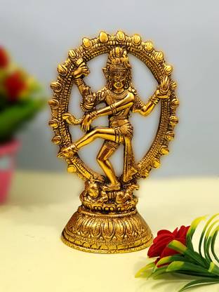 WELLWISHERS CRAFT Metal Oval Natraj Statue for Home Decor Gold Plated Dancing Shiva Natraja / Natrajan Murti Decorative Showpiece  -  18 cm