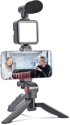 WORLD ONLINE Vlog Video Kit with Table Tripod Phone Holder with Microphone LED Fill Light Tripod Kit