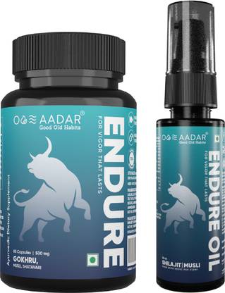 AADAR ENDURE Combo pack | Gokhru, Shilajit, Musli (60 Capsules and 30 ml Oil)