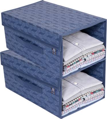 HomeStrap Set of 2 Printed Shirt Stacker Foldable Storage Organizer With Lid For Wardrobe|Almirah