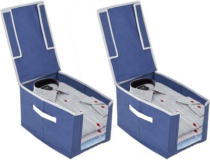 SH NASIMA 002 Premium Shirt Stacker Closet Storage Organizer Box with Clear Window, Attached Lid and handle Blue Pack OF 2