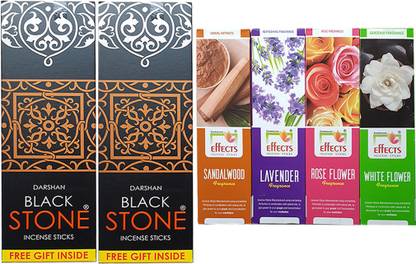 Darshan Black Stone Incense Sticks 200g Pack of 2 + Effects Incense Sticks 60g Pack of 4 (SANDAL, LAVENDER, ROSE, WHITE FLOWER)