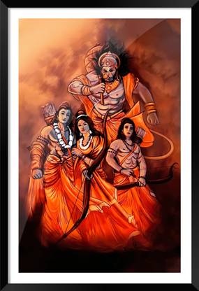 DBrush Ram Laxman With Hanuman ji artwork Framed Glass frame Modern Wall Hanging Photo Digital Reprint 20 inch x 14 inch Painting